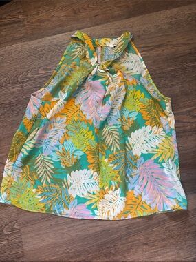 Rose & Olive Green Tropical Halter Blouse with Multicolor Leaves